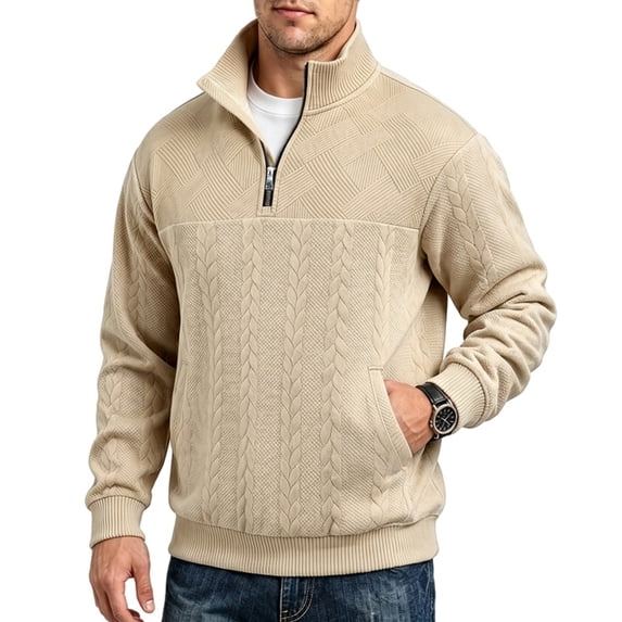LYSMORA Men's Textured Quarter Zip Pullover Sweatshirt, Stand Collar Long Sleeve Loose Casual Athletic Tops with Side Hand Pockets