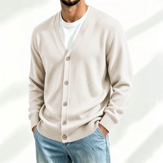 LYSMORA Men's V Neck Button Front Knit Cardigan Long Sleeve Rib Cuff Sweater for Daily Outings and Casual Meetups