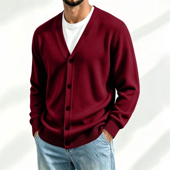 LYSMORA Men's V Neck Button Front Knit Cardigan Long Sleeve Rib Cuff Sweater for Daily Outings and Casual Meetups