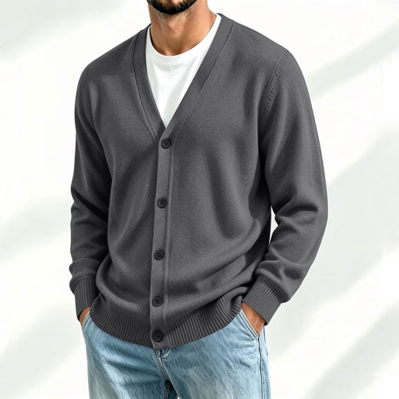 LYSMORA Men's V Neck Button Front Knit Cardigan Long Sleeve Rib Cuff Sweater for Daily Outings and Casual Meetups