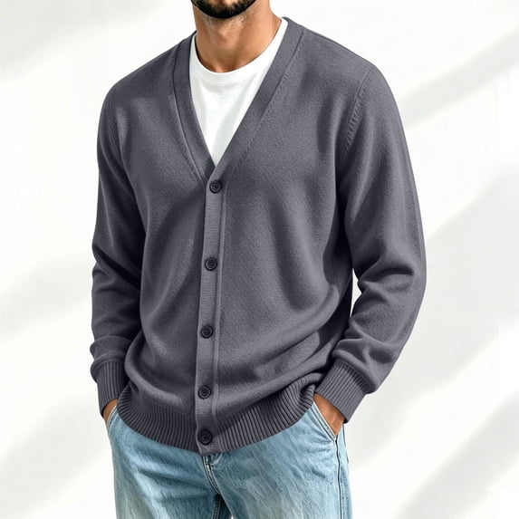 LYSMORA Men's V Neck Button Front Knit Cardigan Long Sleeve Rib Cuff Sweater for Daily Outings and Casual Meetups