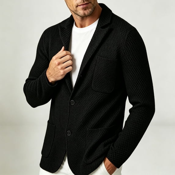 LYSMORA Men's Waffle Knit Blazer Notched Lapel Button Front Long Sleeve Knit Sport Coat for Office and Social Gatherings