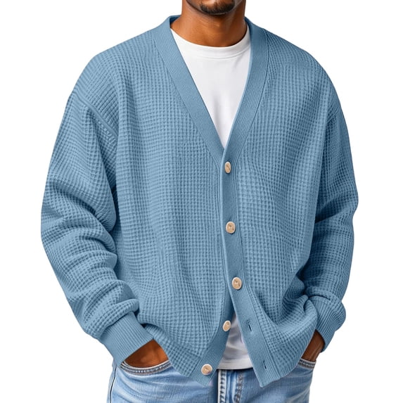 LYSMORA Men's Waffle Knit Cardigan V Neck Button Front Long Sleeve Knitted Sweater