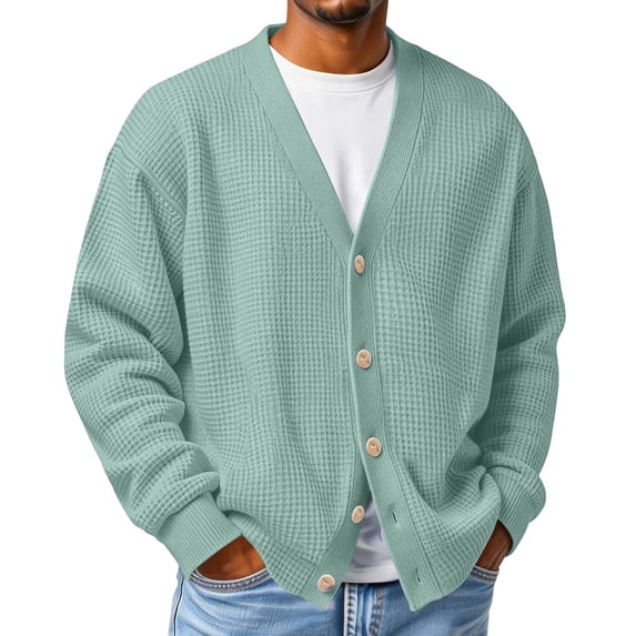 LYSMORA Men's Waffle Knit Cardigan V Neck Button Front Long Sleeve Knitted Sweater