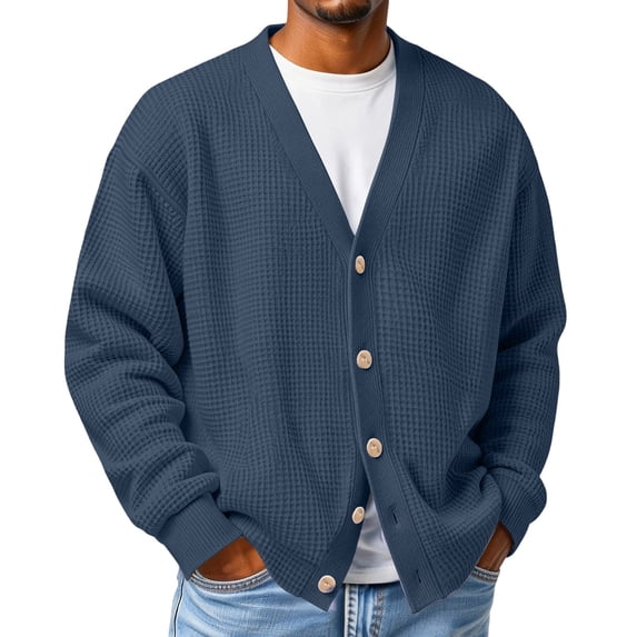 LYSMORA Men's Waffle Knit Cardigan V Neck Button Front Long Sleeve Knitted Sweater