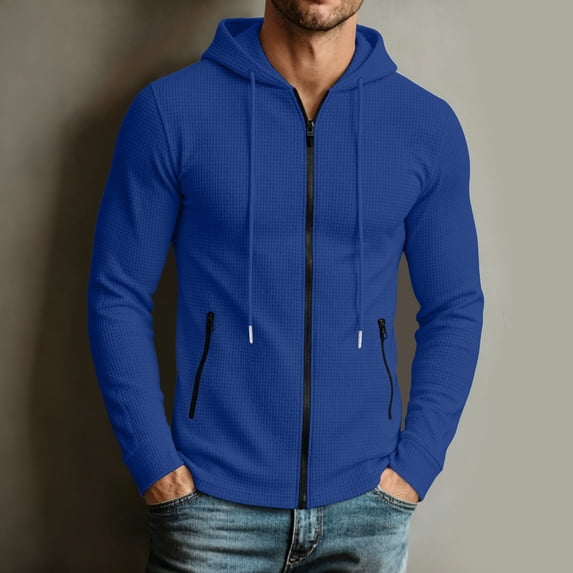 LYSMORA Men's Waffle Knit Full Zip Hooded Jacket Long Sleeve Drawstring Sweatshirt with Zipper Side Pockets