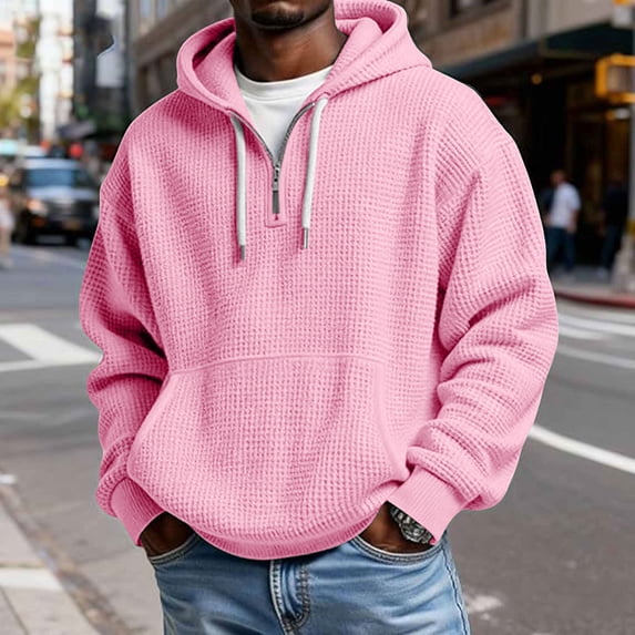 LYSMORA Men's Waffle Knit Quarter Zip Hoodie, Contrast Drawstring Oversized Long Sleeve Casual Pullover Sweatshirt With Front Kangaroo Pocket