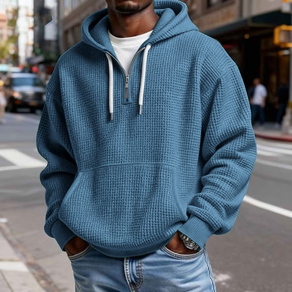 LYSMORA Men's Waffle Knit Quarter Zip Hoodie, Contrast Drawstring Oversized Long Sleeve Casual Pullover Sweatshirt With Front Kangaroo Pocket