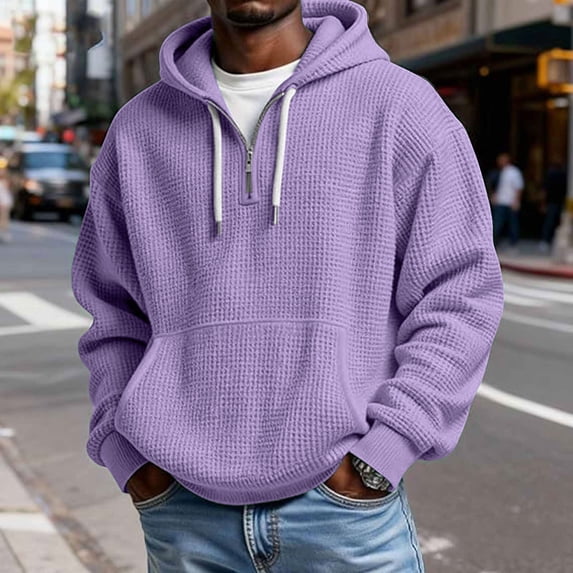 LYSMORA Men's Waffle Knit Quarter Zip Hoodie, Contrast Drawstring Oversized Long Sleeve Casual Pullover Sweatshirt With Front Kangaroo Pocket