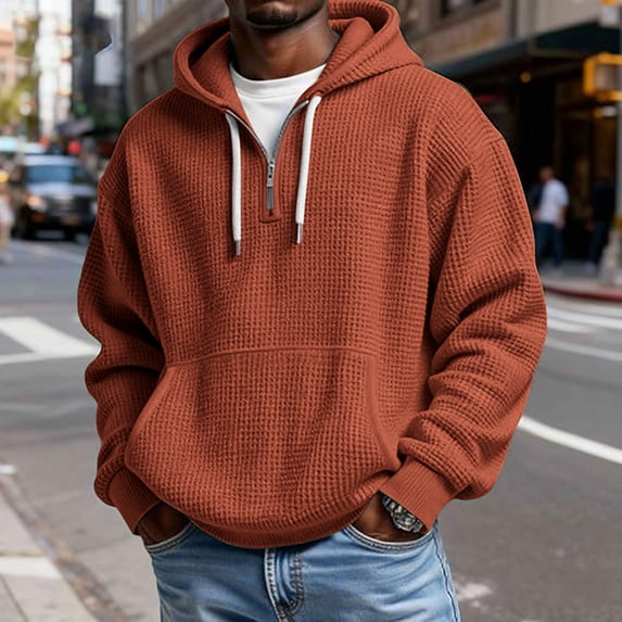 LYSMORA Men's Waffle Knit Quarter Zip Hoodie, Contrast Drawstring Oversized Long Sleeve Casual Pullover Sweatshirt With Front Kangaroo Pocket