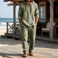 thumbnail image 1 of LYSMORA Mens 2 Piece Outfit Hooded Half Button Long Sleeve Top Drawstring Elastic Waist Pants Casual Linen Set For Travel Beach Daily Wear, 1 of 6