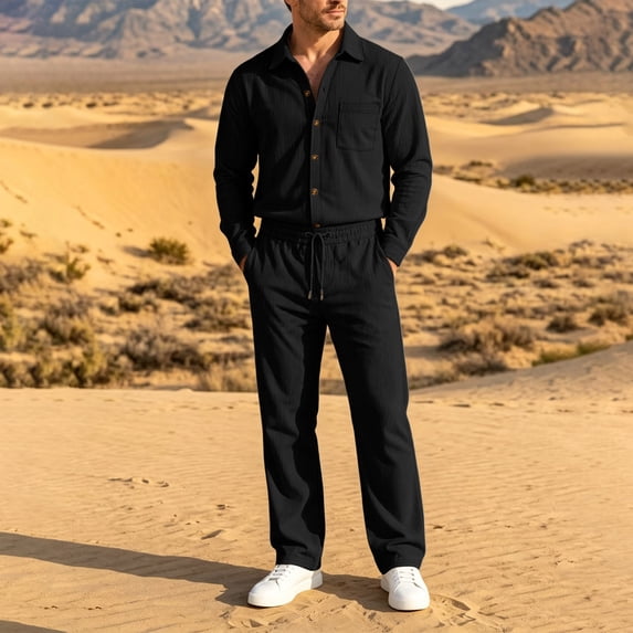 LYSMORA Mens 2 Piece Vertical Rib Corduroy Outfit Set Lapel Long Sleeve Chest Pocket Button Down Shirt Drawstring Waist Straight Leg Pants Casual Daily Outdoor Matching Tracksuit