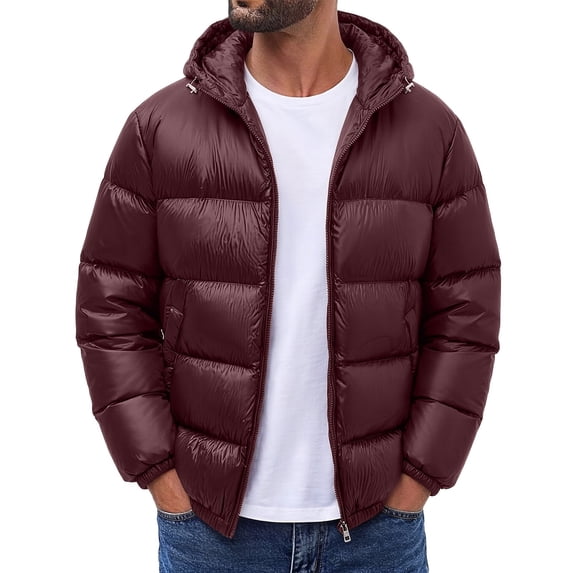 LYSMORA Mens Adjustable Drawcord Hooded Puffer Jacket Full Zip Elastic Cuff Windproof Warm Winter Daily Outer Coat Hand Pockets