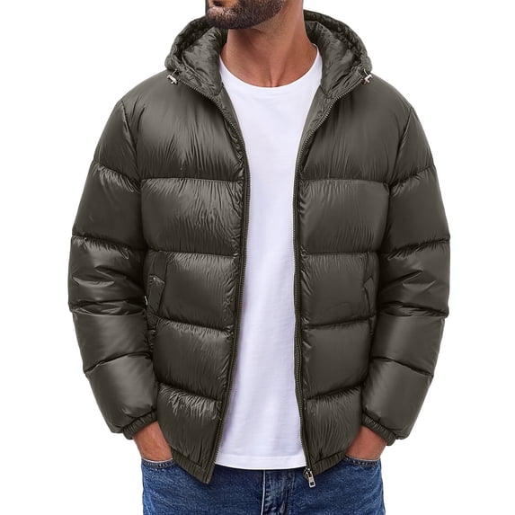 LYSMORA Mens Adjustable Drawcord Hooded Puffer Jacket Full Zip Elastic Cuff Windproof Warm Winter Daily Outer Coat Hand Pockets