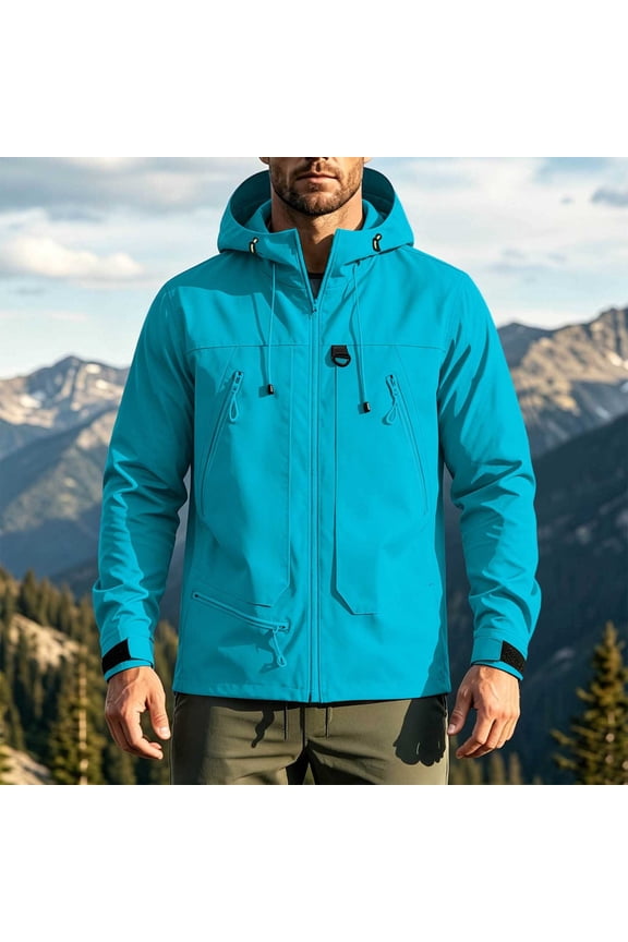 Mens Adjustable Hood Softshell Jacket Multi Zip Pockets Wind Resistant Outdoor Hiking Climbing Coat With Cuff Tabs
