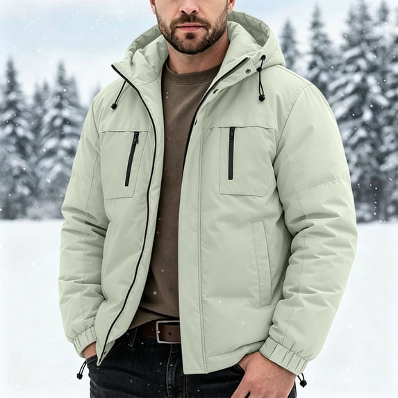 LYSMORA Mens Color Block Hooded Puffer Jacket Adjustable Drawcord Windproof Snow Winter Coat Multi Zipper Storage Pockets