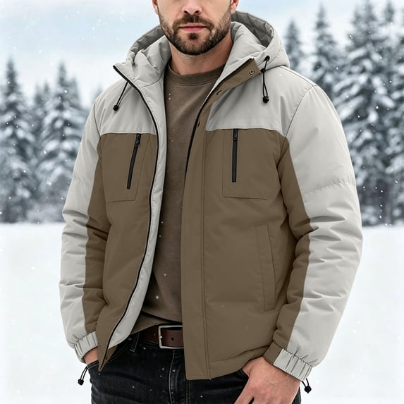 LYSMORA Mens Color Block Hooded Puffer Jacket Adjustable Drawcord Windproof Snow Winter Coat Multi Zipper Storage Pockets