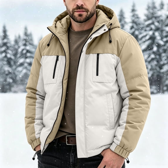 LYSMORA Mens Color Block Hooded Puffer Jacket Adjustable Drawcord Windproof Snow Winter Coat Multi Zipper Storage Pockets
