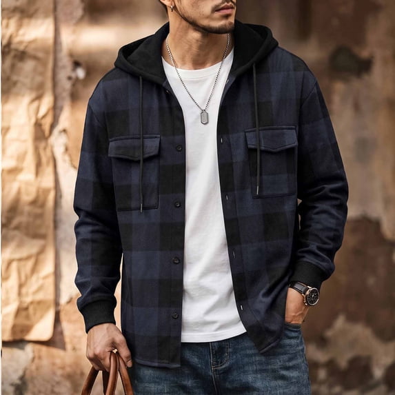 LYSMORA Mens Drawstring Hooded Long Sleeve Plaid Flannel Shacket Dual Chest Patch Pockets Ribbed Cuffs Button Front Casual Street Outer Jacket Top