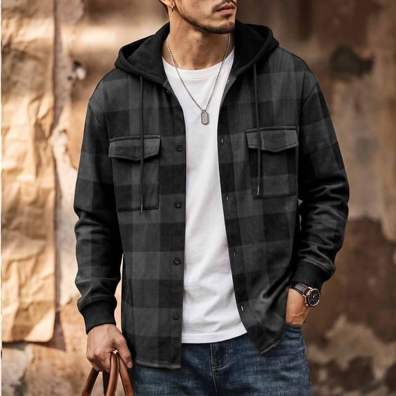 LYSMORA Mens Drawstring Hooded Long Sleeve Plaid Flannel Shacket Dual Chest Patch Pockets Ribbed Cuffs Button Front Casual Street Outer Jacket Top