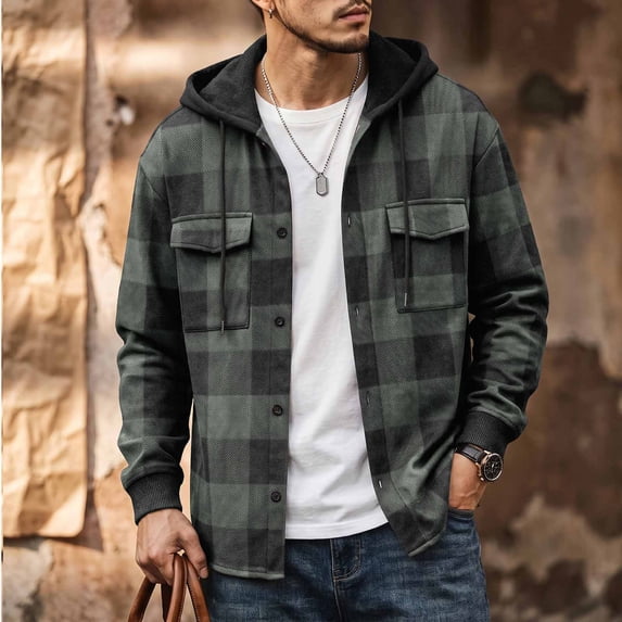 LYSMORA Mens Drawstring Hooded Long Sleeve Plaid Flannel Shacket Dual Chest Patch Pockets Ribbed Cuffs Button Front Casual Street Outer Jacket Top