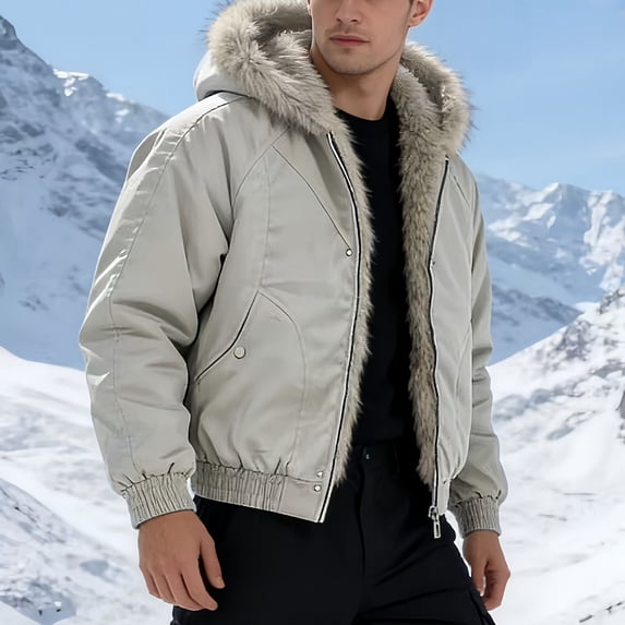 LYSMORA Mens Faux Fur Lined Hooded Bomber Jacket Snap Zipper Dual Closure Warm Winter Casual Outer Coat Rib Cuff Hem