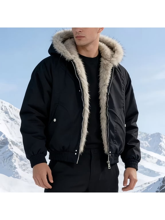 Mens Faux Fur Lined Hooded Bomber Jacket Snap Zipper Dual Closure Warm Winter Casual Outer Coat Rib Cuff Hem