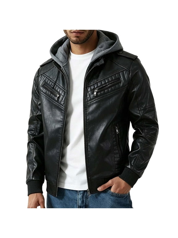 Mens Faux Leather Detachable Hood Jacket Multi Zipper Pockets Rib Cuff Casual Outerwear