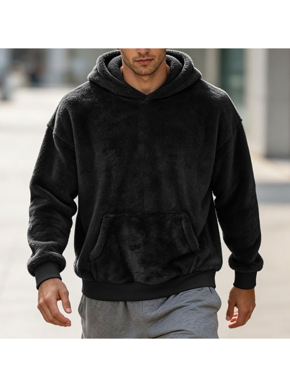 Mens Fuzzy Fleece Pullover Hoodie Long Sleeve Plush Warm Sweatshirt With Front Kangaroo Pocket Drawstring Hood