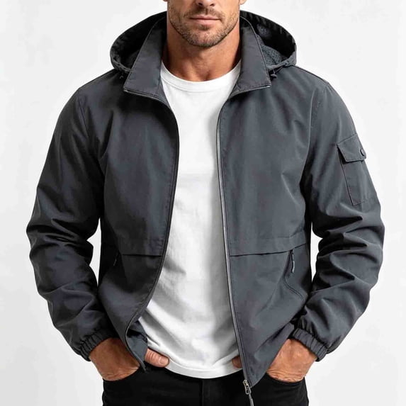 LYSMORA Mens Hooded Softshell Jacket Cargo Sleeve Pocket Zipper Side Pockets Elastic Cuff Windproof Daily Outdoor Coat