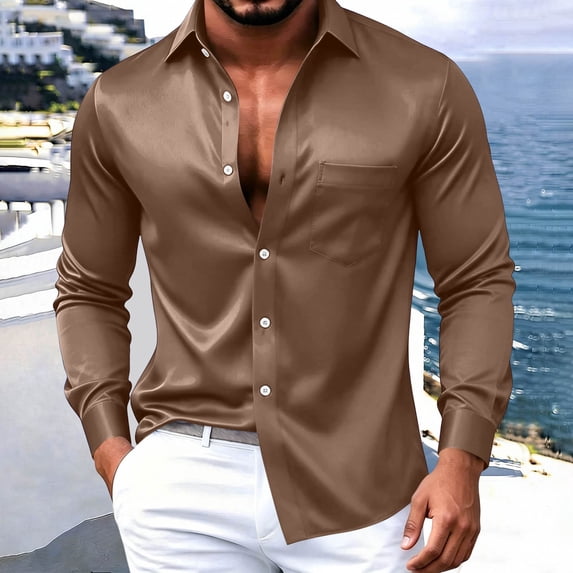 LYSMORA Mens Lapel Long Sleeve Button Down Dress Shirt Smooth Silky Fabric Chest Pocket Business Casual Woven Shirt