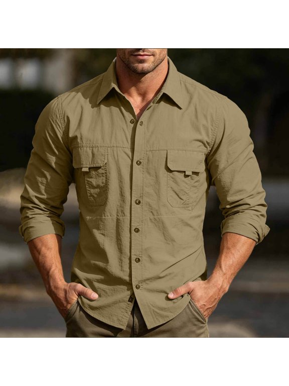 Mens Lapel Long Sleeve Lightweight Button Up Utility Shirt Dual Tab Flap Chest Pockets Outdoor Travel Work Shacket