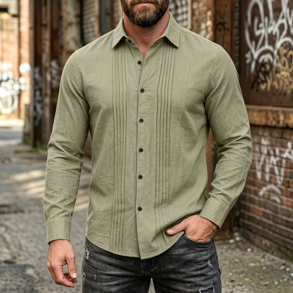 LYSMORA Mens Lapel Long Sleeve Pleated Front Button Down Shirt Solid Textured Woven Casual Business Outer Shacket Top