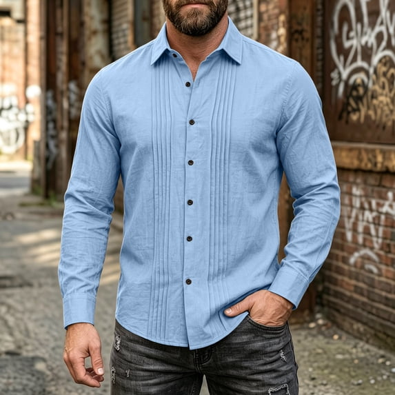 LYSMORA Mens Lapel Long Sleeve Pleated Front Button Down Shirt Solid Textured Woven Casual Business Outer Shacket Top