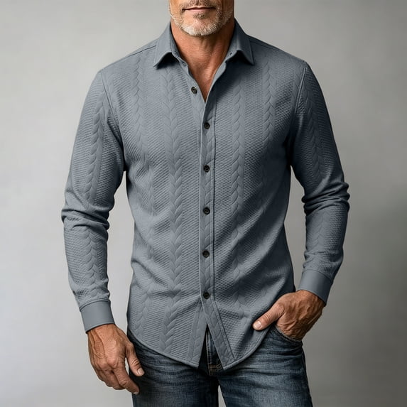 LYSMORA Mens Lapel Long Sleeve Textured Knit Button Down Shirt Solid Casual Business Collared Top