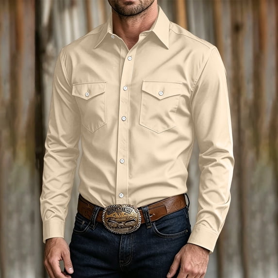 LYSMORA Mens Lapel Long Sleeve Western Button Down Shirt Dual Snap Chest Pockets Solid Woven Casual Cowboy Shirt