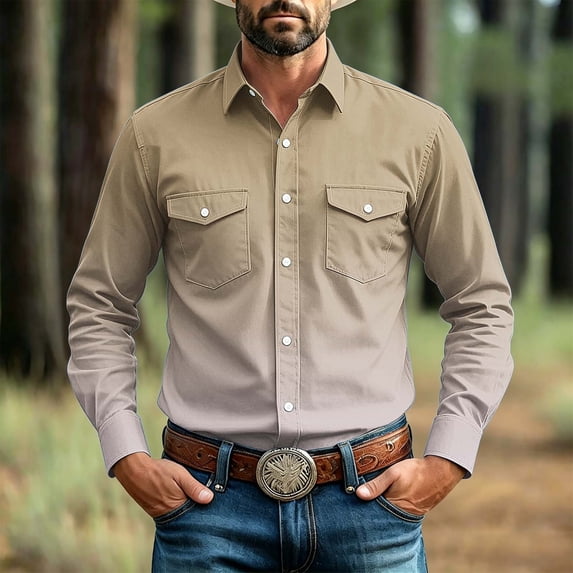 LYSMORA Mens Lapel Long Sleeve Western Cowboy Button Down Shirt Dual Snap Chest Pockets Solid Woven Casual Shirt