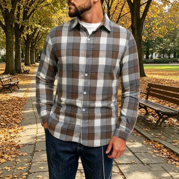 LYSMORA Mens Long Sleeve Plaid Flannel Shirt Point Collar Button Down Front Regular Fit Casual Woven Shirt