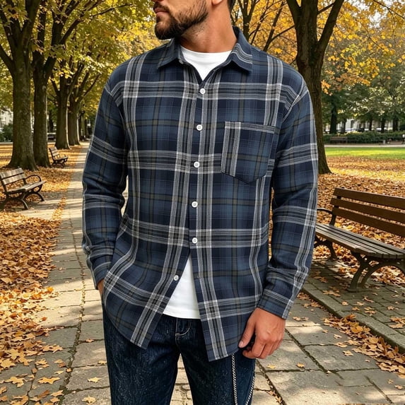 LYSMORA Mens Long Sleeve Plaid Flannel Shirt Point Collar Button Front Regular Fit Casual Button Down Shirt