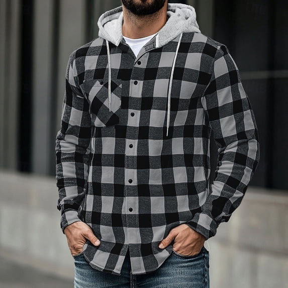 LYSMORA Mens Plaid Button Down Hooded Shirt Long Sleeve Chest Pocket Casual Outdoor Hoodie Shacket