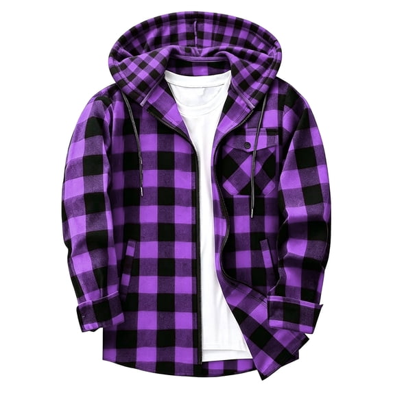 LYSMORA Mens Plaid Zip Up Hooded Shacket Drawstring Hood Chest Pocket Long Sleeve Casual Outdoor Shirt Jacket