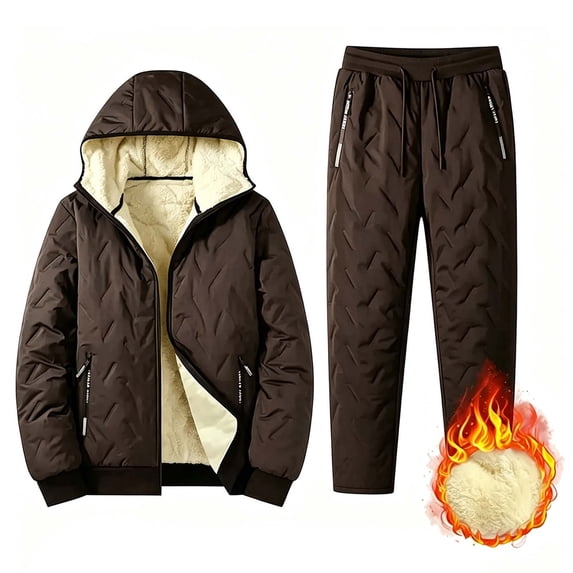 LYSMORA Mens Quilted Sherpa Lined Hooded Jacket Jogger Pants 2 Piece Winter Tracksuit Windproof Zipper Pocket Warm Sweatsuit Set