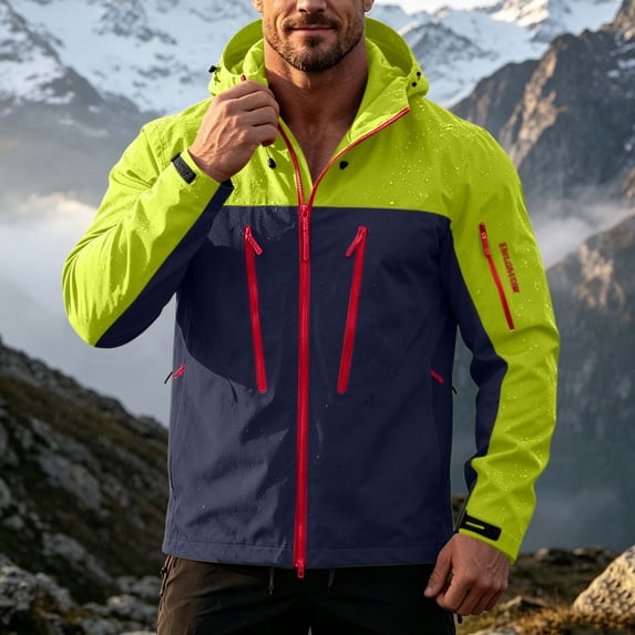 LYSMORA Mens Waterproof Hooded Rain Jacket Adjustable Cuff Hem Multi Zipper Pockets Lightweight Hiking Outdoor Windbreaker Coat