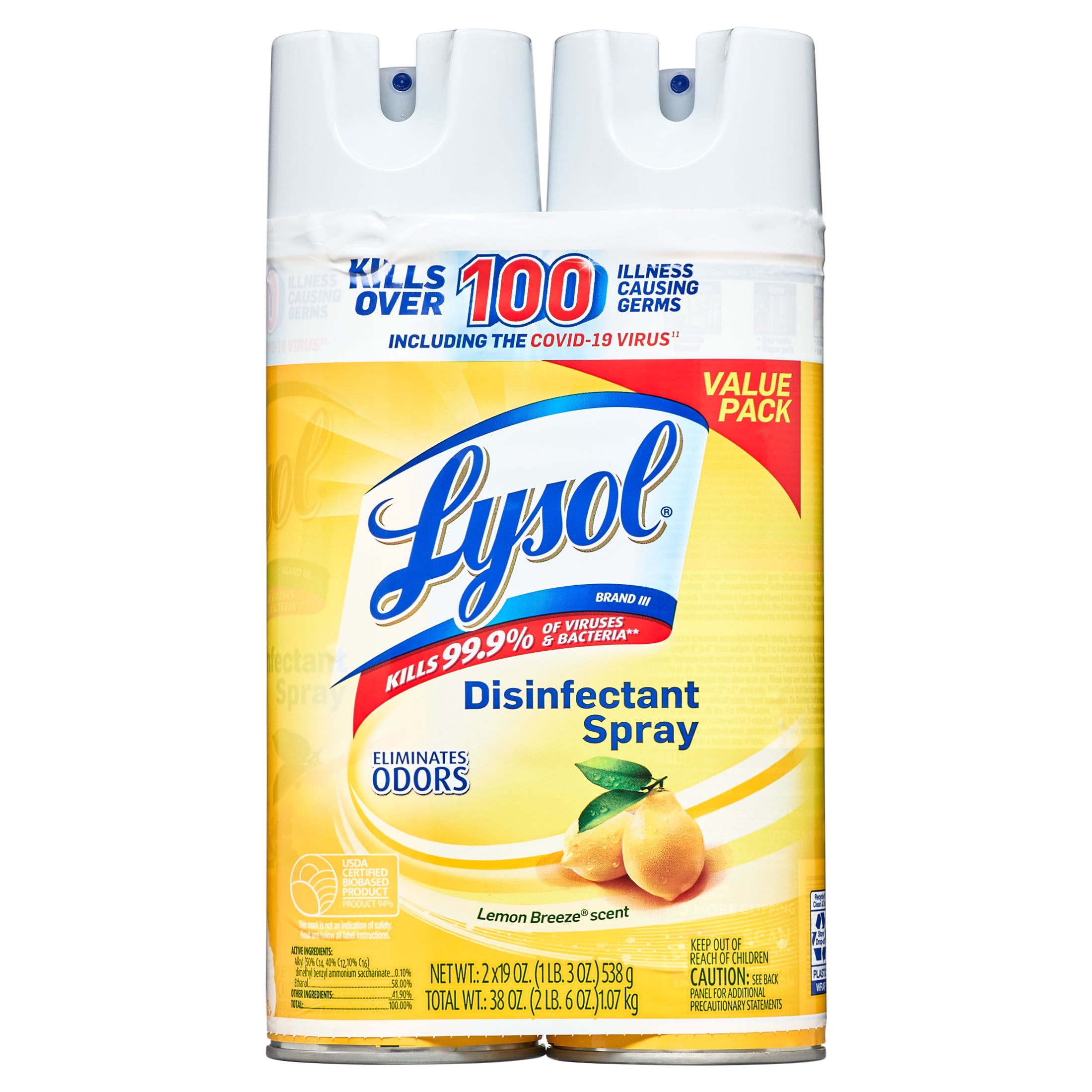 Lysol Disinfectant Spray, Sanitizing and Antibacterial Spray, Deodorizer, Lemon Breeze, 19 oz (Pack of 2)