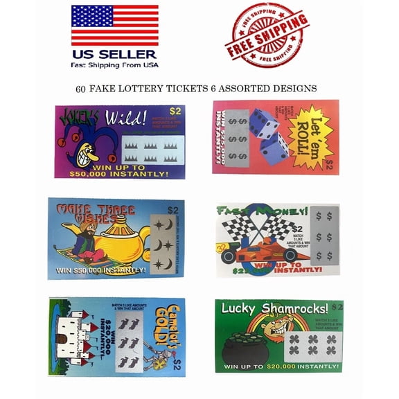 LYSSA -60 Fake Lottery Tickets 6 Assorted Designs Free Shipping Gag Gift Prank