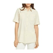 LYSSE Womens Beige Pocketed Folded Cuffs Short Sleeve Point Collar Button Up Top S