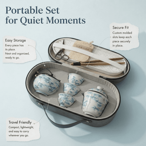 Ru Kiln Celadon Bamboo Ceramic Portable Travel Tea Set with Case