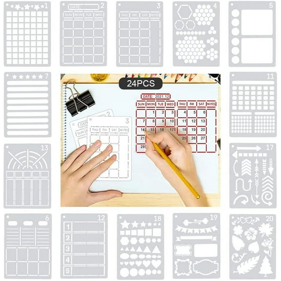 LYTIVAGEN 24 PCS Journal Stencils Bullet Plastic Bullet Stencil Journal Stencils Planner DIY Templates Reusable Painting Stencils Calendar Drawing Craft Templates for Notebook, Diary, Scrapbook