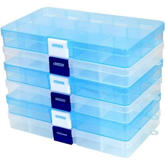 LYTIVAGEN 6 PCS Plastic Compartment Box 15 Grids Plastic Storage Box with Adjustable Dividers Jewelry Organizer for Jewelry, Rings, Earrings, Beads and Some Gadgets (White and Blue)