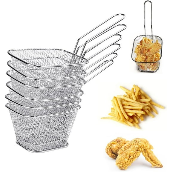 LYTIVAGEN 6 Pcs Mini Square Fry Basket Bulk Stainless Steel French Fry Holder Food Baskets for Serving Fryer Container with Handle Reusable Small Deep Fryer Holder for Home Kitchen
